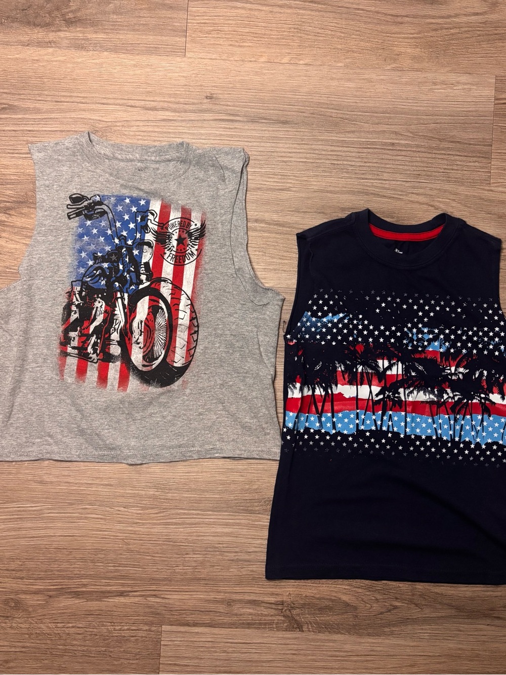 Two patriotic youth sleeveless muscle shirts Tank Tops - Gray & Navy Sizes: 6-8
